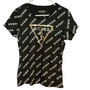 Guess Black Tee with Gold Sequin Triangle Logo